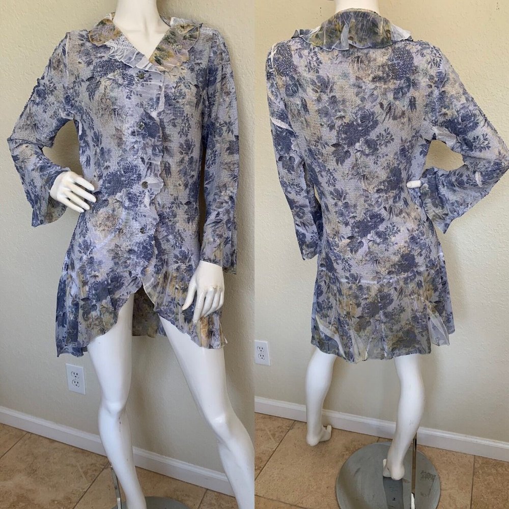 YOSHIKI HISHINUMA Made In Japan Blue Print Top Shrink Pleated Button Jacket 3